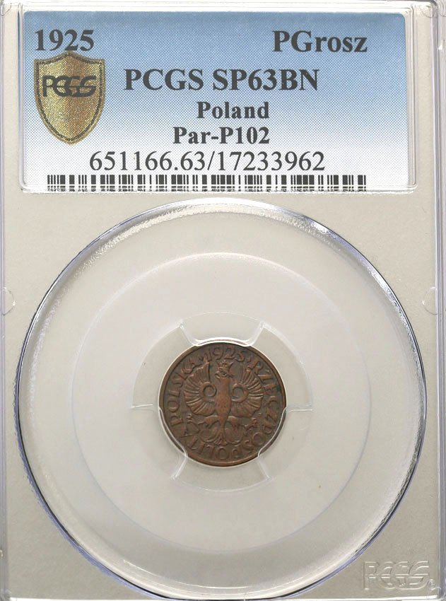 II RP. PRÓBA, brąz, 1 grosz 1925 PCGS SP63 BN